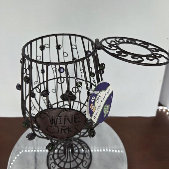 Wine Cork Cage Holder Glass Shape Metal Decor Bead Grape Accents Storage Contain - Picture 3 of 10